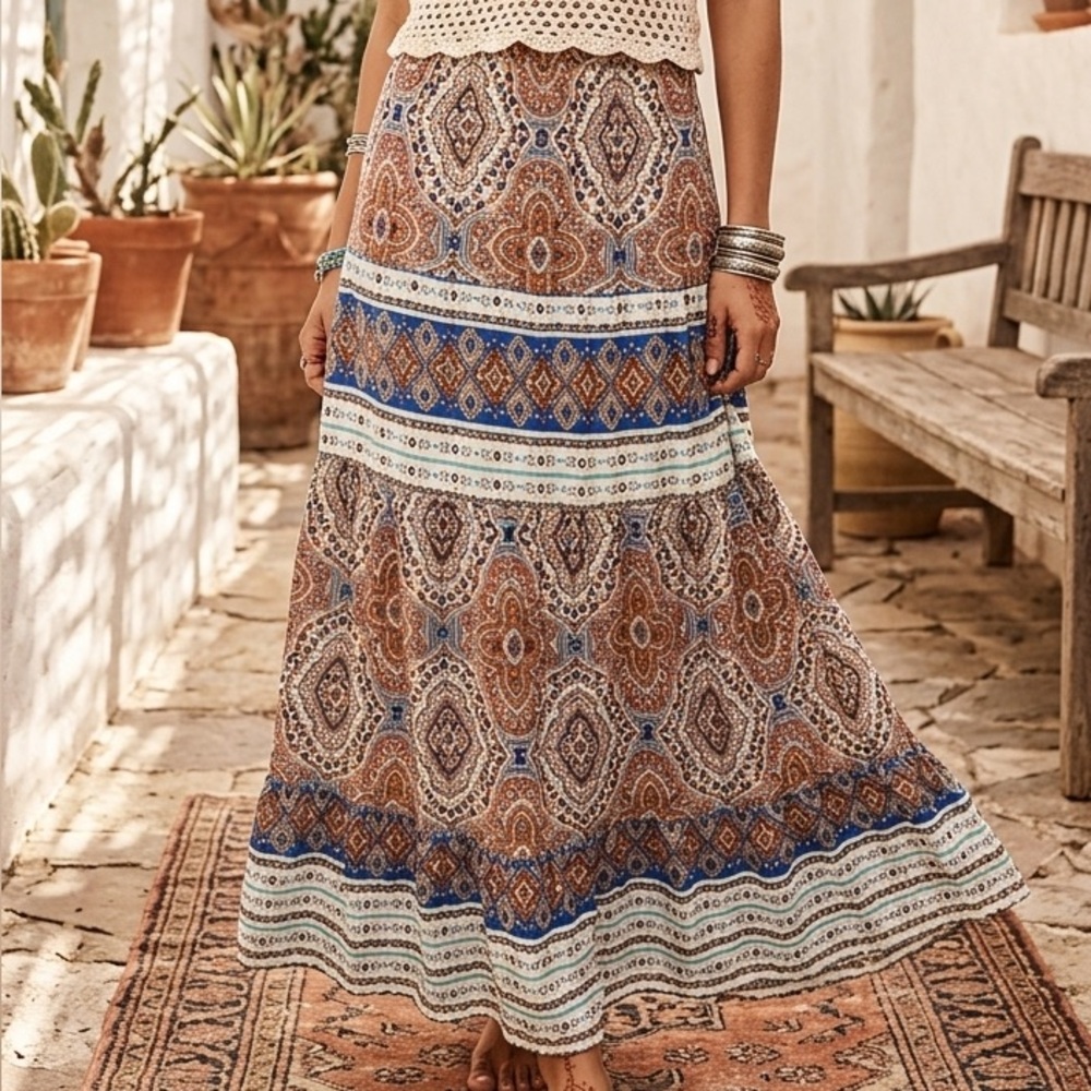 Womens Summer Paisley Print‎ Boho Casual Ruffled Flowy Maxi Skirt
